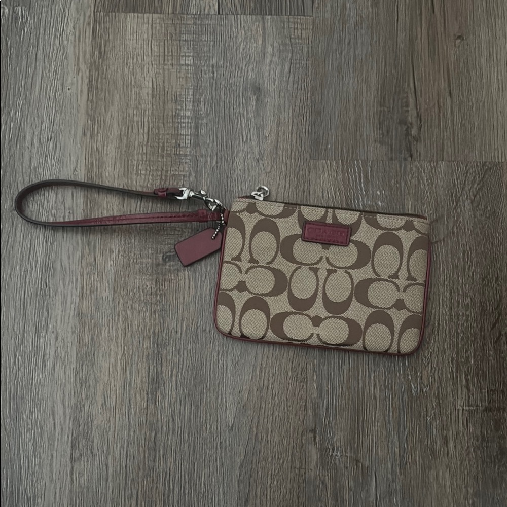 Coach Tan and Burgundy Signature Wristlet